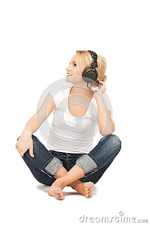 happy teenage girl in big headphones Stock Photo