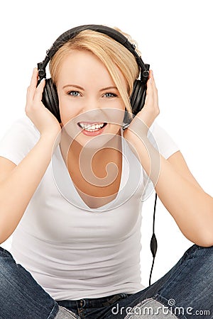 happy teenage girl in big headphones Stock Photo