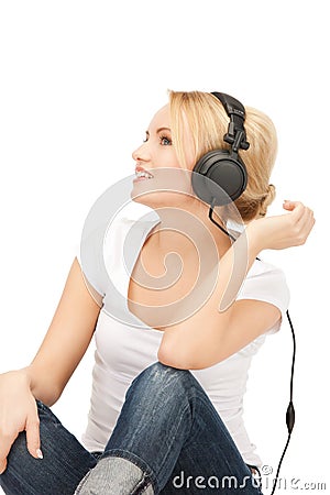 happy teenage girl in big headphones Stock Photo