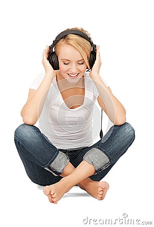 happy teenage girl in big headphones Stock Photo