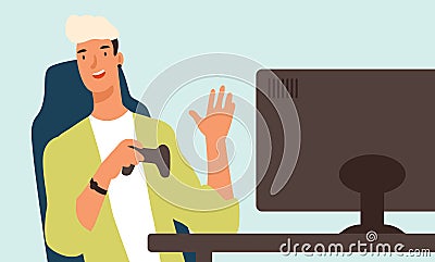 Happy teenage guy sitting in front of computer monitor hold joystick vector flat illustration. Smiling young man gamer Vector Illustration