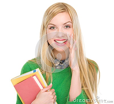 Happy teenage student girl telling good news Stock Photo