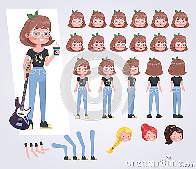 Happy teenager girl character with guitar with various views, f Stock Photo