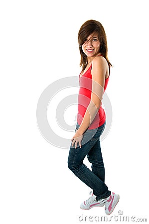 Happy teenager girl on white Stock Photo