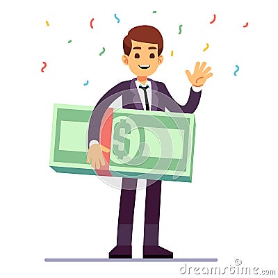 Happy teenager winner holding money dollars prize. Lottery, good luck and casino gambling vector concept Vector Illustration