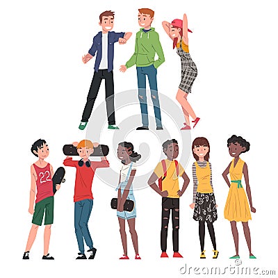 Happy Teenagers Set, Cheerful Teen Boy and Gilrs Wearing Fashionable Clothes, Happy Students, Classmates or Friends Vector Illustration