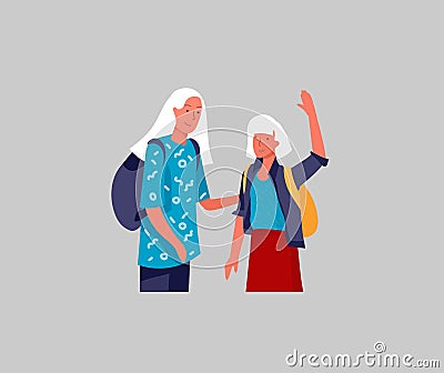 Happy teenagers or students. Friends character are laughing and talking. Stylish smiling young generation pupils or Vector Illustration