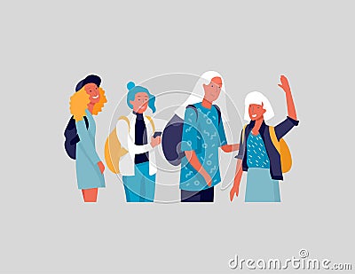 Happy teenagers and students. Group of friends character are laughing and talking. Stylish smiling teenage boys and Vector Illustration