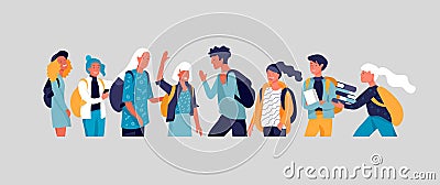 Happy teenagers and students. Group of friends character are laughing and talking. Stylish smiling teenage boys and Vector Illustration