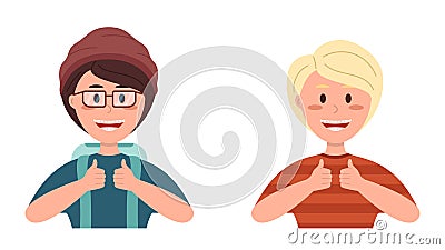 Teenager boys with braces show thumbs up Vector Illustration