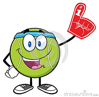 Happy Tennis Ball Cartoon Mascot Character Wearing A Foam Finger Vector Illustration