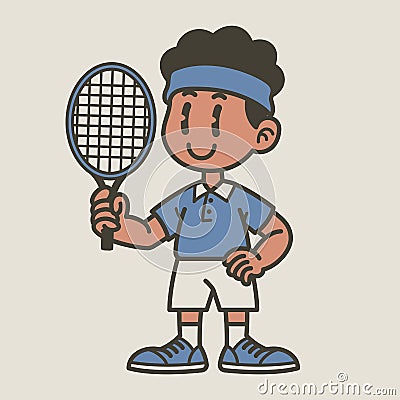 Happy Tennis Player Cartoon in Vintage Retro Style Vector Illustration