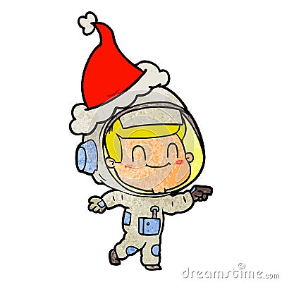 happy textured cartoon of a astronaut man wearing santa hat Vector Illustration