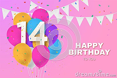 Happy 14th birthday balloons greeting card background. Stock Photo