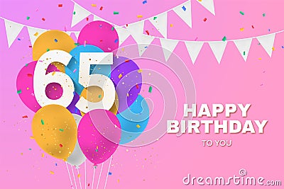 Happy 65th birthday balloons greeting card background. Stock Photo