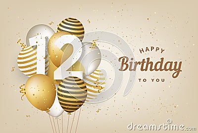 Happy 12th birthday with gold balloons greeting card background. Vector Illustration