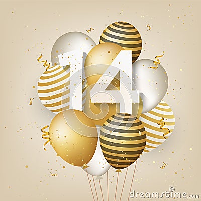 Happy 14th birthday with gold balloons greeting card background. Vector Illustration