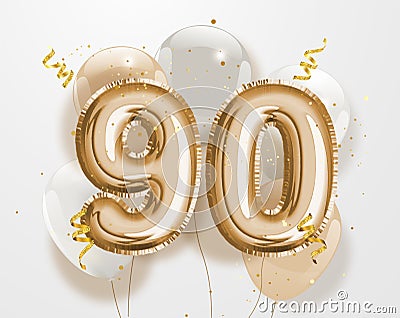 Happy 90th birthday gold foil balloon greeting background. Vector Illustration