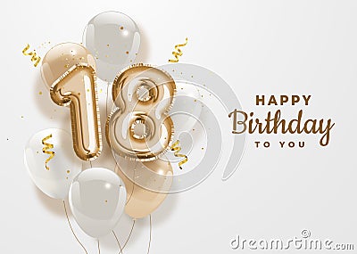 Happy 18th birthday gold foil balloon greeting background. Vector Illustration