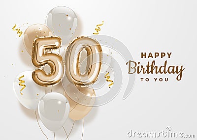 Happy 50th birthday gold foil balloon greeting background. Vector Illustration