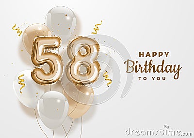 Happy 58th birthday gold foil balloon greeting background. Vector Illustration