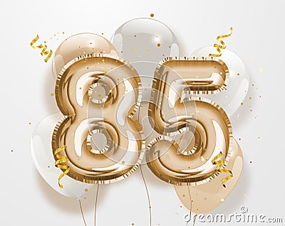 Happy 85th birthday gold foil balloon greeting background. Vector Illustration