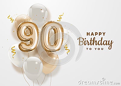 Happy 90th birthday gold foil balloon greeting background. Vector Illustration
