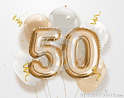 Happy 50th birthday gold foil balloon greeting background. Vector Illustration