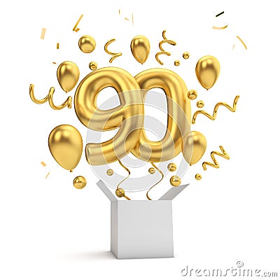 Happy 90th birthday gold surprise balloon and box. 3D Rendering Stock Photo