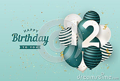 Happy 12th birthday with green balloons greeting card background. Vector Illustration