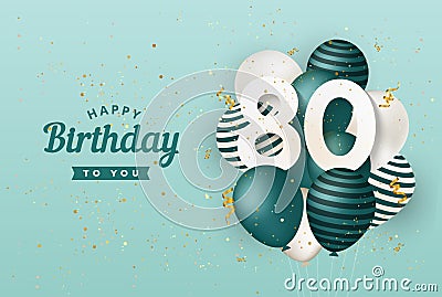 Happy 80th birthday with green balloons greeting card background. Vector Illustration