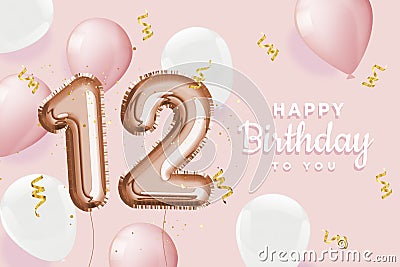 Happy 12th birthday pink foil balloon greeting background. Vector Illustration