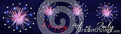 Happy 4th of July background panorama banner - Red blue white fireworks with stars on dark blue vintage texture with handlettering Stock Photo