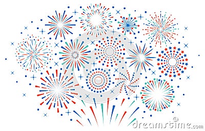 Happy 4th July fireworks. Celebration firework explode, carnival party firecracker explosions. Colorful festival Vector Illustration