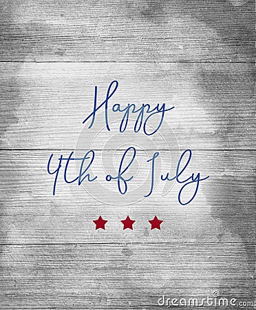 Happy 4th of July sign in blue letters with red stars on wood background Stock Photo