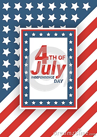 Happy 4th of July USA Independence Day greeting card with waving american national flag and hand lettering text design. Vector Cartoon Illustration