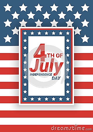 Happy 4th of July USA Independence Day greeting card with waving american national flag and hand lettering text design. Vector Cartoon Illustration