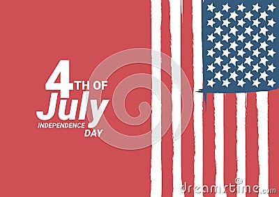 Happy 4th of July USA Independence Day greeting card with waving american national flag and hand lettering text design. Vector Cartoon Illustration