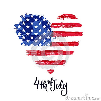 Happy 4th of July, USA Independence Day. Hand drawn calligraphy lettering, american watercolor flag. Vector illustration Vector Illustration