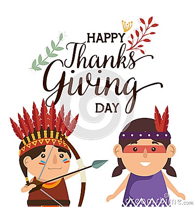 Happy thanks giving card with natives couple Vector Illustration