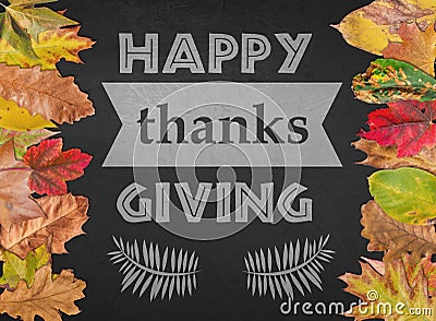 Happy Thanks giving day like postcard season lettering with autumn leaves Stock Photo