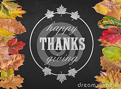 Happy thanks giving day quote postcard banner with autumn leaves Stock Photo