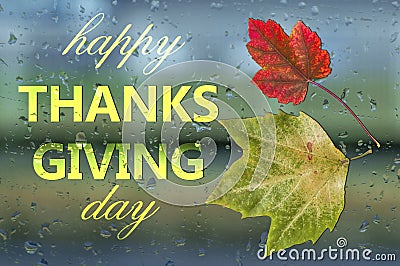 Happy thanks giving day written on window with raindrop spray bubble Stock Photo
