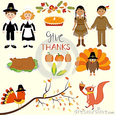 Happy Thanks giving with pilgrim and red indian costume childre Vector Illustration