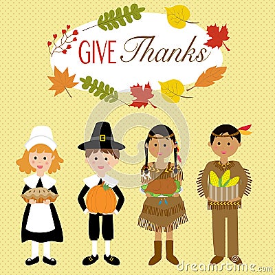 Happy Thanks giving with pilgrim and red indian costume Vector Illustration