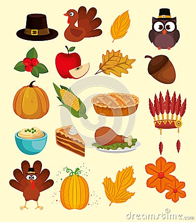 Happy thanks giving set icons Vector Illustration