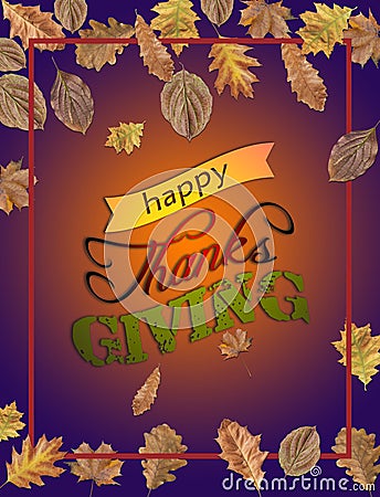 Happy Thanks Giving with several leaves and bordo frame Stock Photo