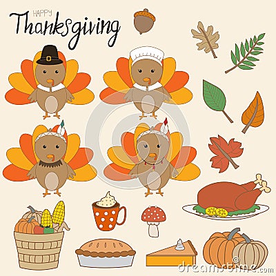 Happy Thanks giving vector little cute turkey pilgrims and red i Vector Illustration