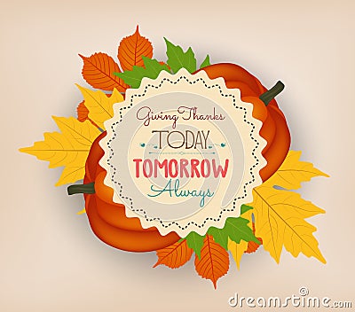 Happy Thanksgiving background with colorful autumn leaves and a pumpkin Vector Illustration