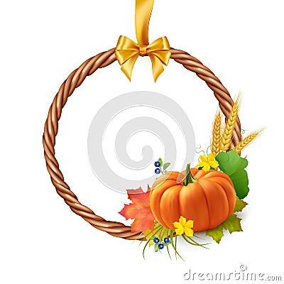 Happy Thanksgiving. Beautiful wicker wreath of vines with pumpkin, berries and autumn leaves, isolated on white Vector Illustration